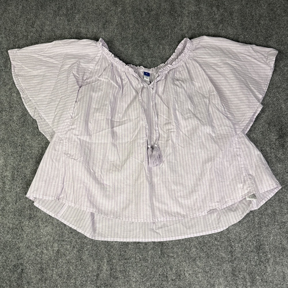 Old Navy Women Boho Purple White Striped Peasant Blouse XL Flutter Sleeve Cotton